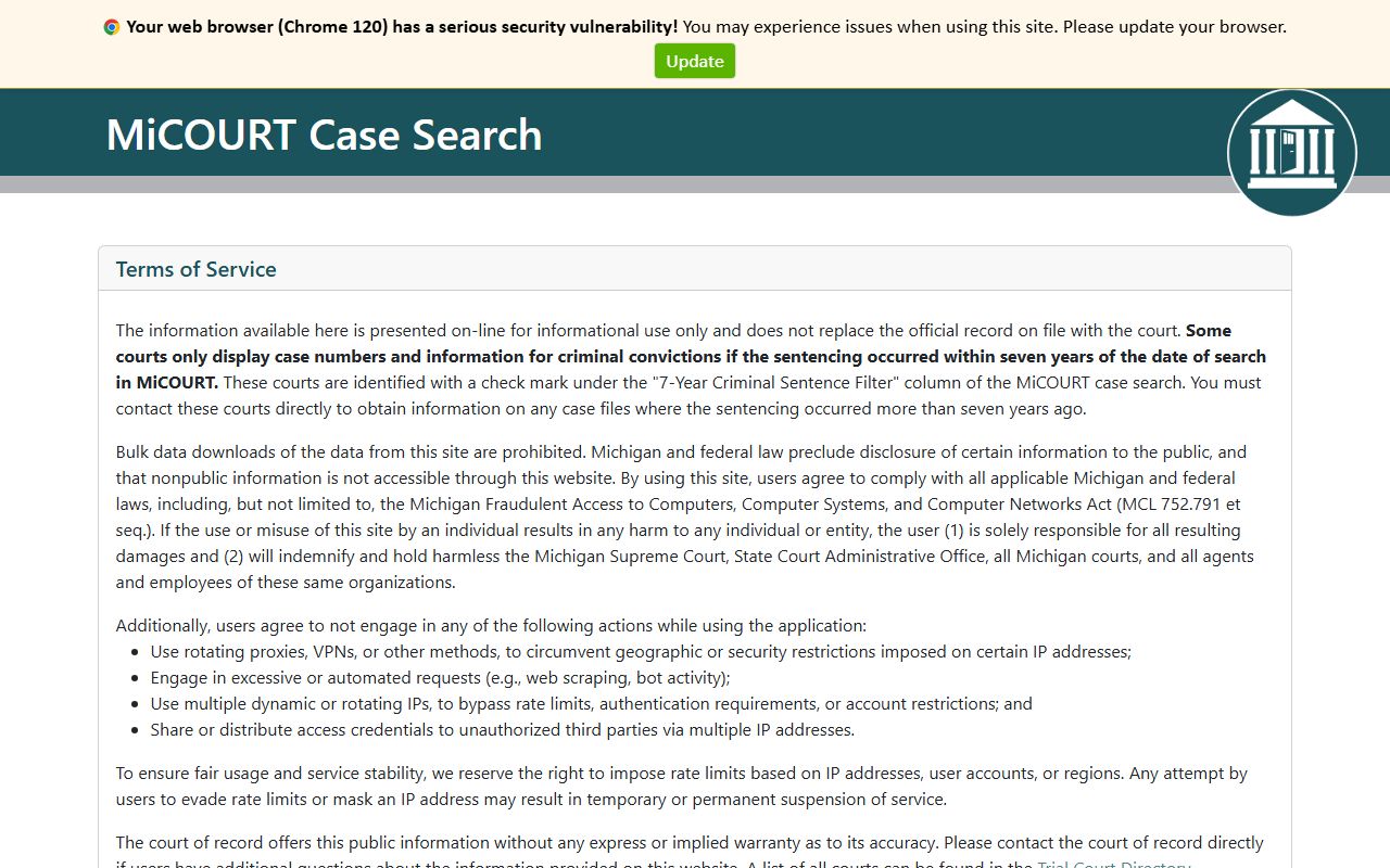 Iron County court records after arrest MiCOURT case search portal